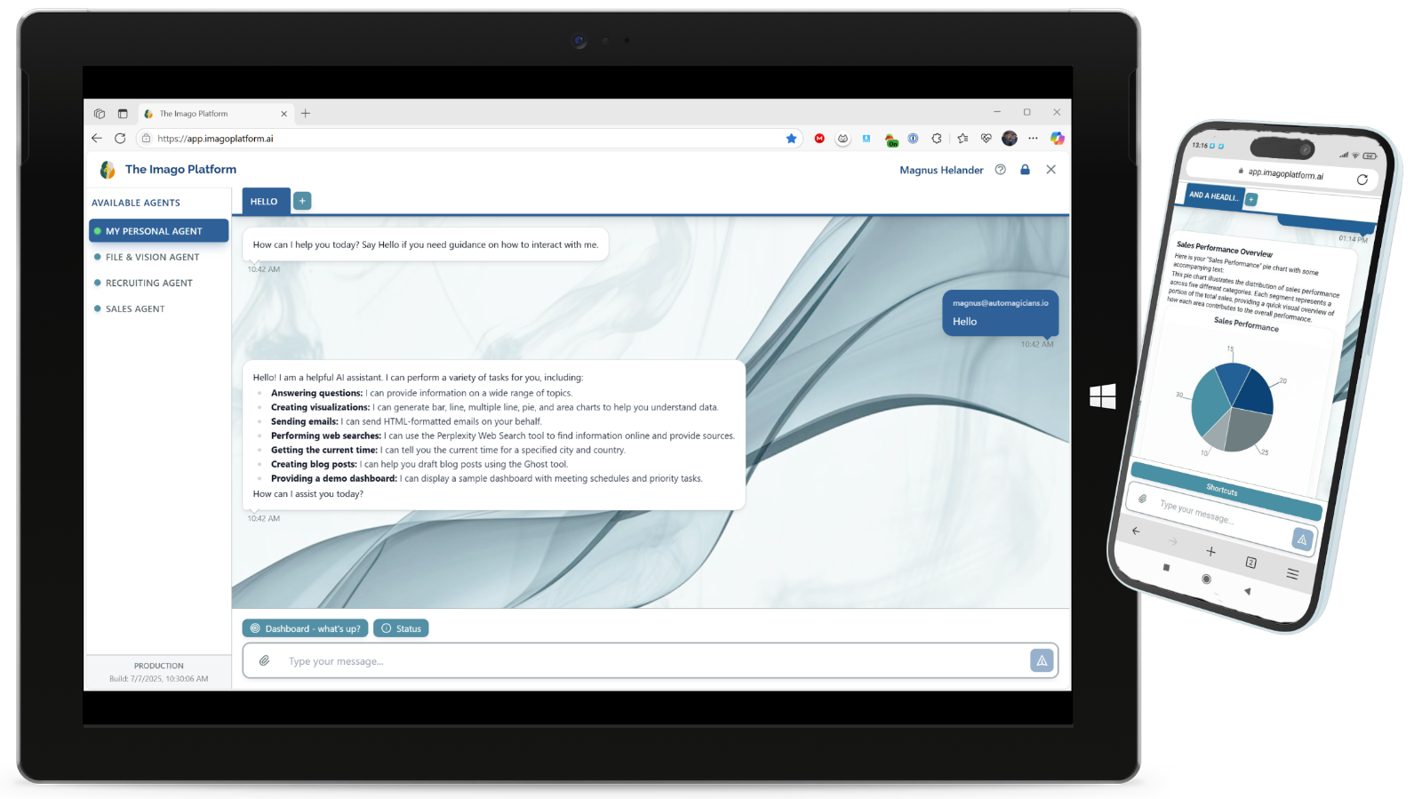 Imago Platform adaptive interface showing mobile, desktop and tablet views